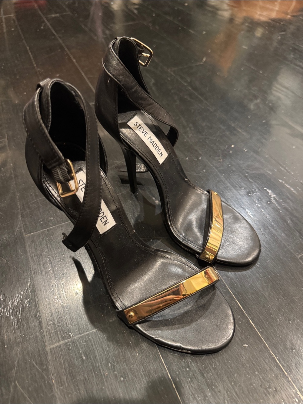 Steve Madden Black Leather Ankle-Strap Heels with Gold Bar